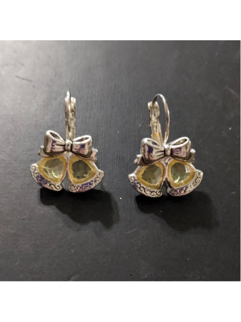 Silver Tone Yellow Crystal Bells with Bow Pierced Statement Earrings